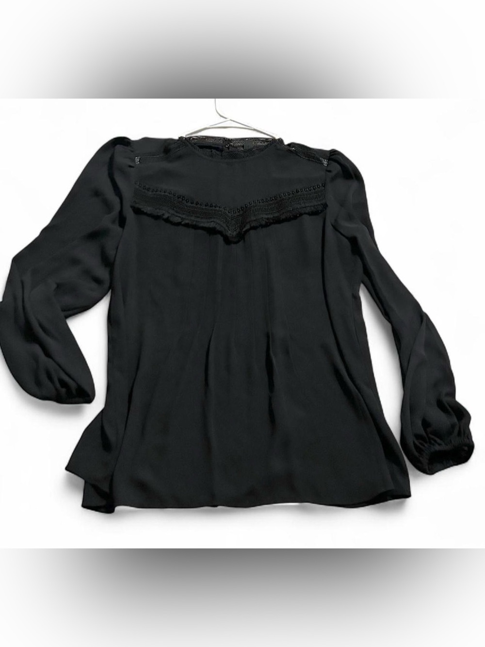 Ann Taylor Black Long-Sleeve Blouse with Lace Yoke